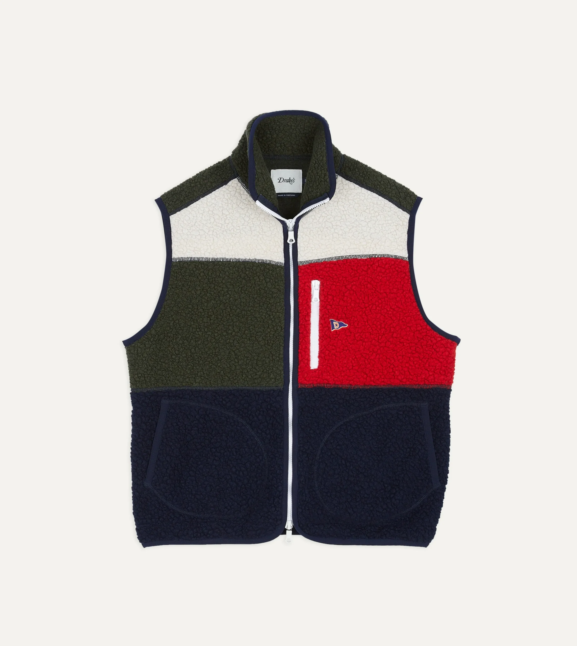 Drake’s Ecru, Green And Navy Boucle Wool Zip Fleece Vest