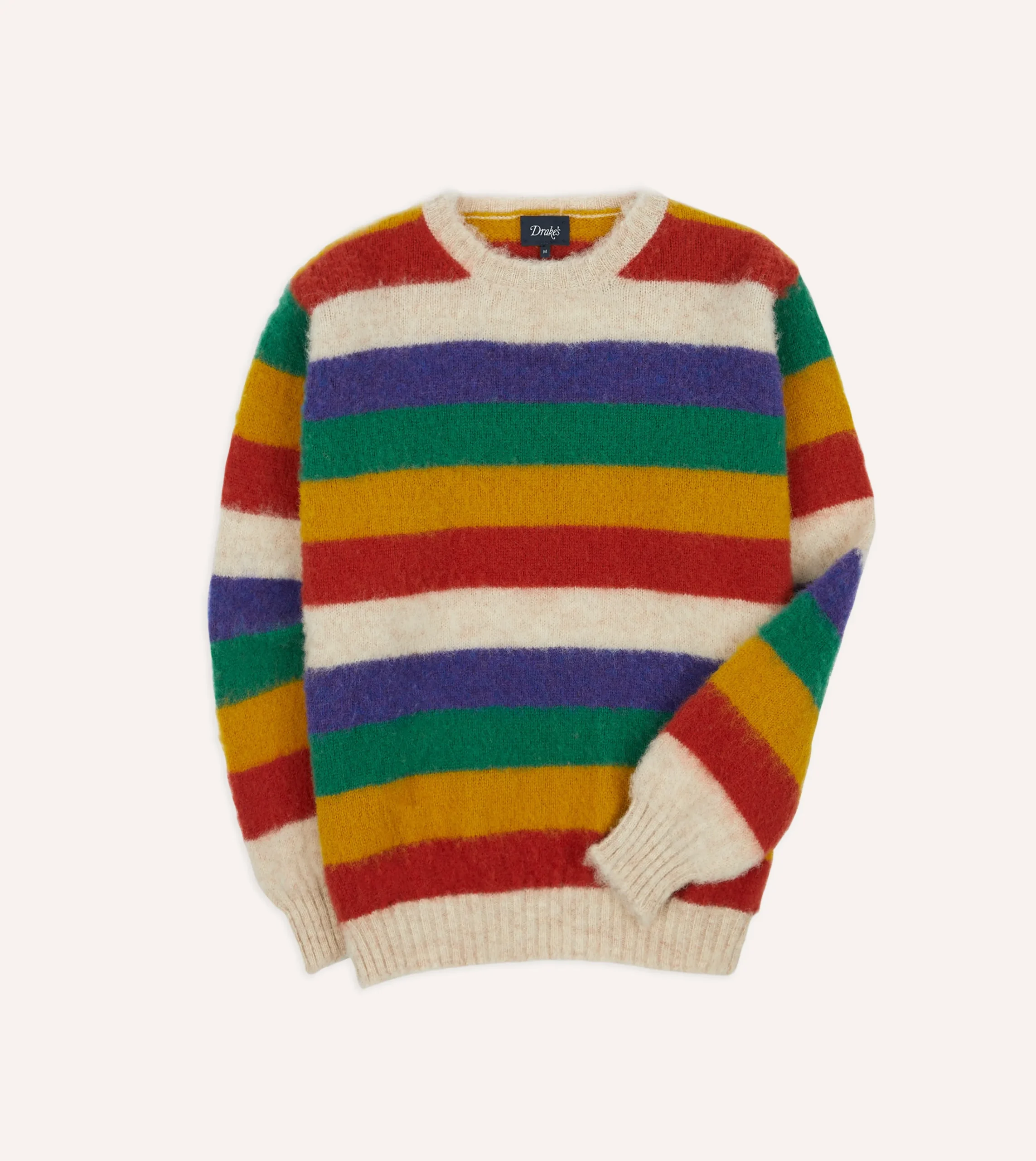 Drake’s Ecru Multi Stripe Brushed Shetland Crew Neck Jumper
