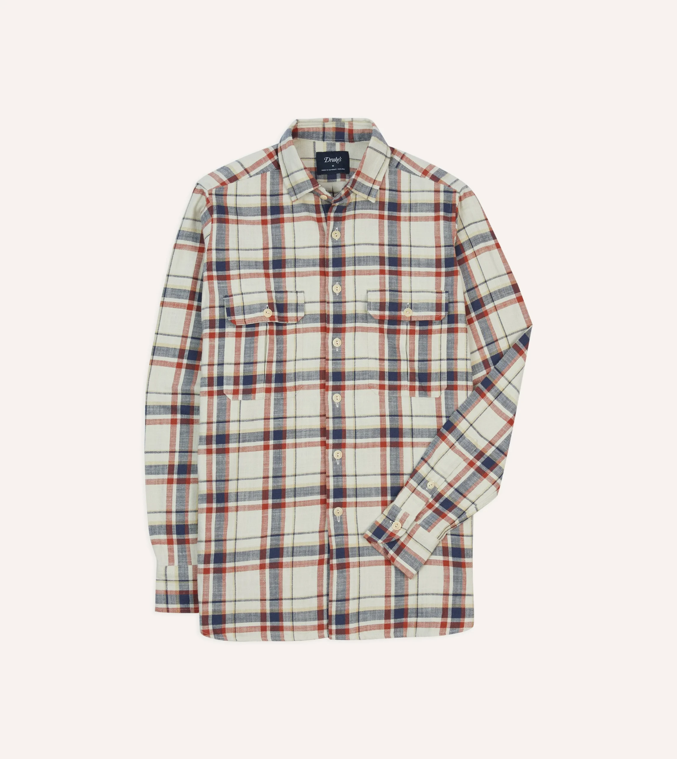 Drake’s , Navy And Red Check Slub Cotton Two-Pocket Work Shirt