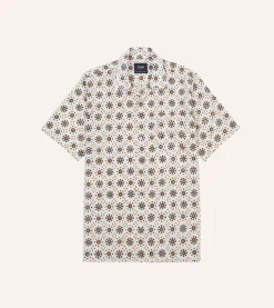 Drake’s Ecru Sun Block Print Cotton Camp Collar Short Sleeve Shirt