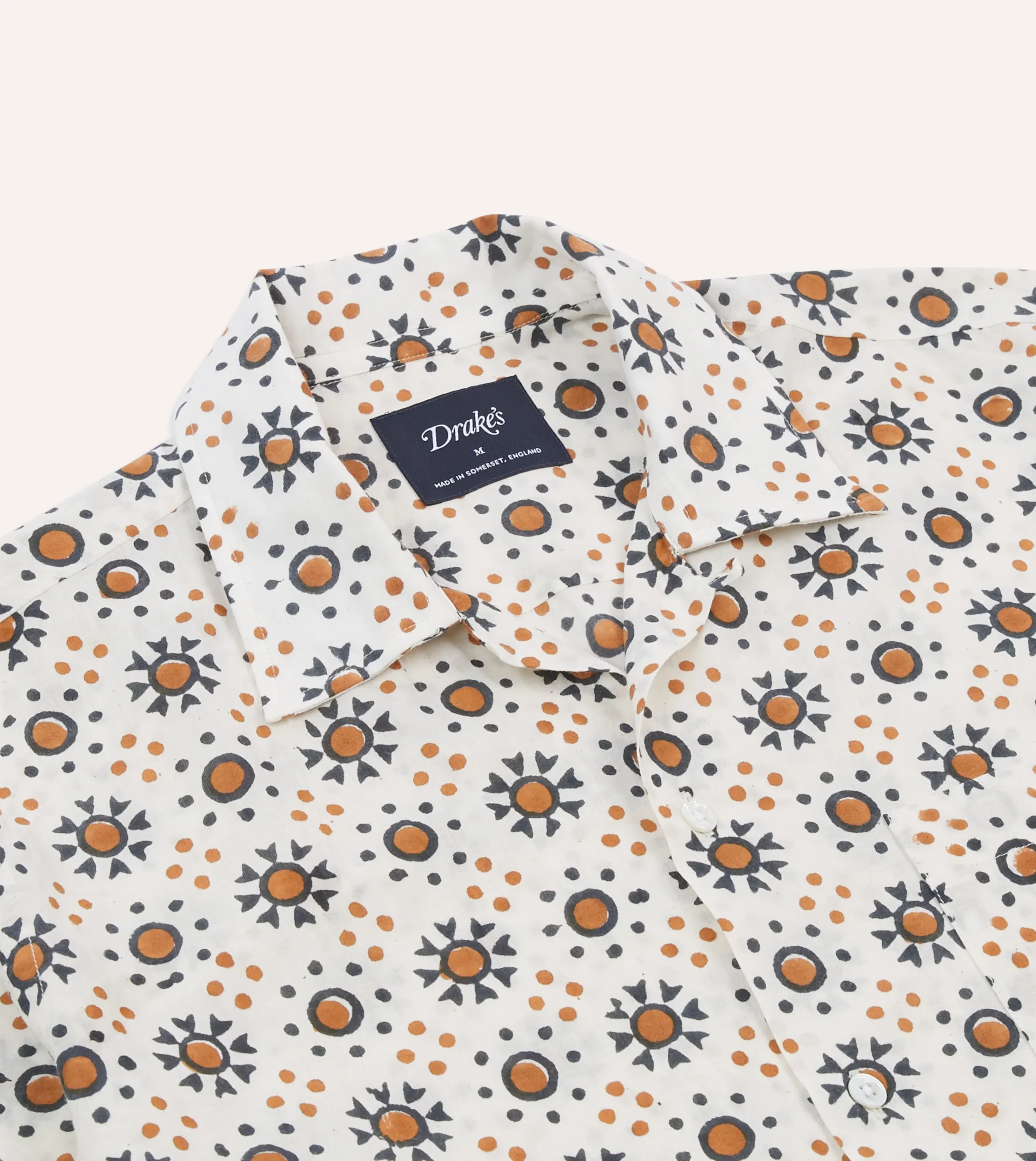Drake’s Ecru Sun Block Print Cotton Camp Collar Short Sleeve Shirt