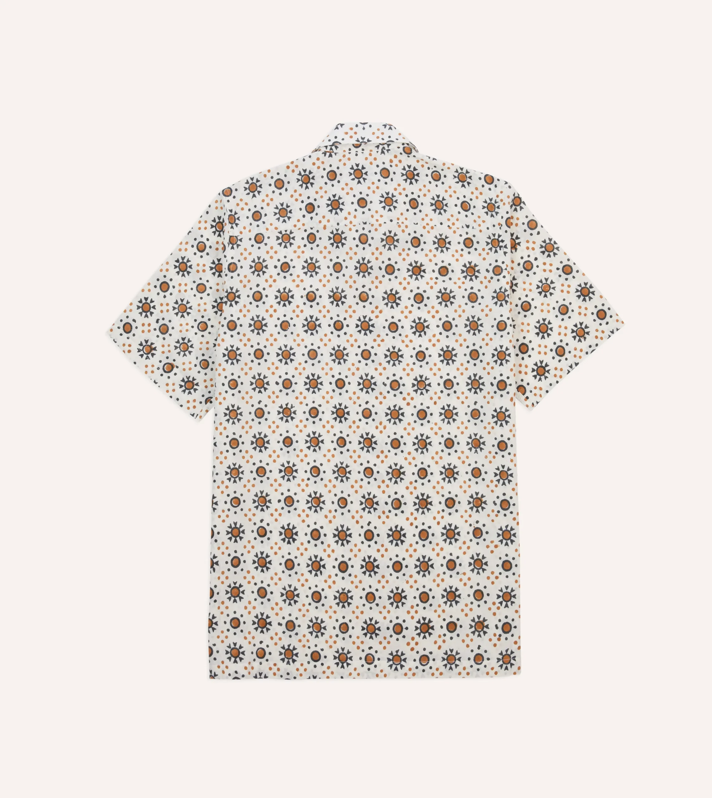 Drake’s Ecru Sun Block Print Cotton Camp Collar Short Sleeve Shirt