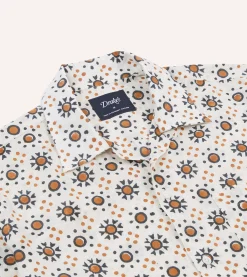 Drake’s Ecru Sun Block Print Cotton Camp Collar Short Sleeve Shirt
