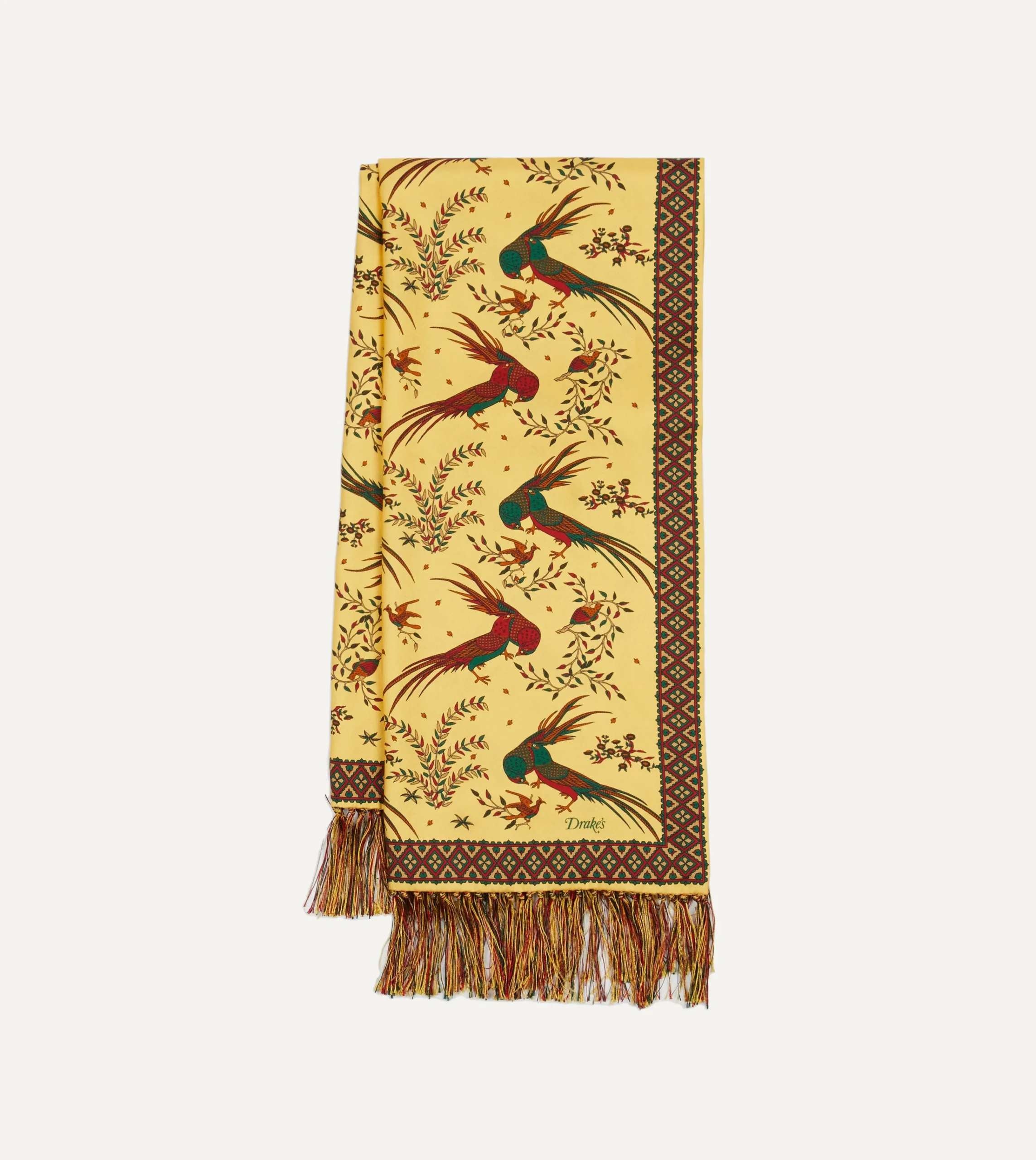 Drake’s Birds Of Paradise Print Tubular Silk Tasselled Scarf