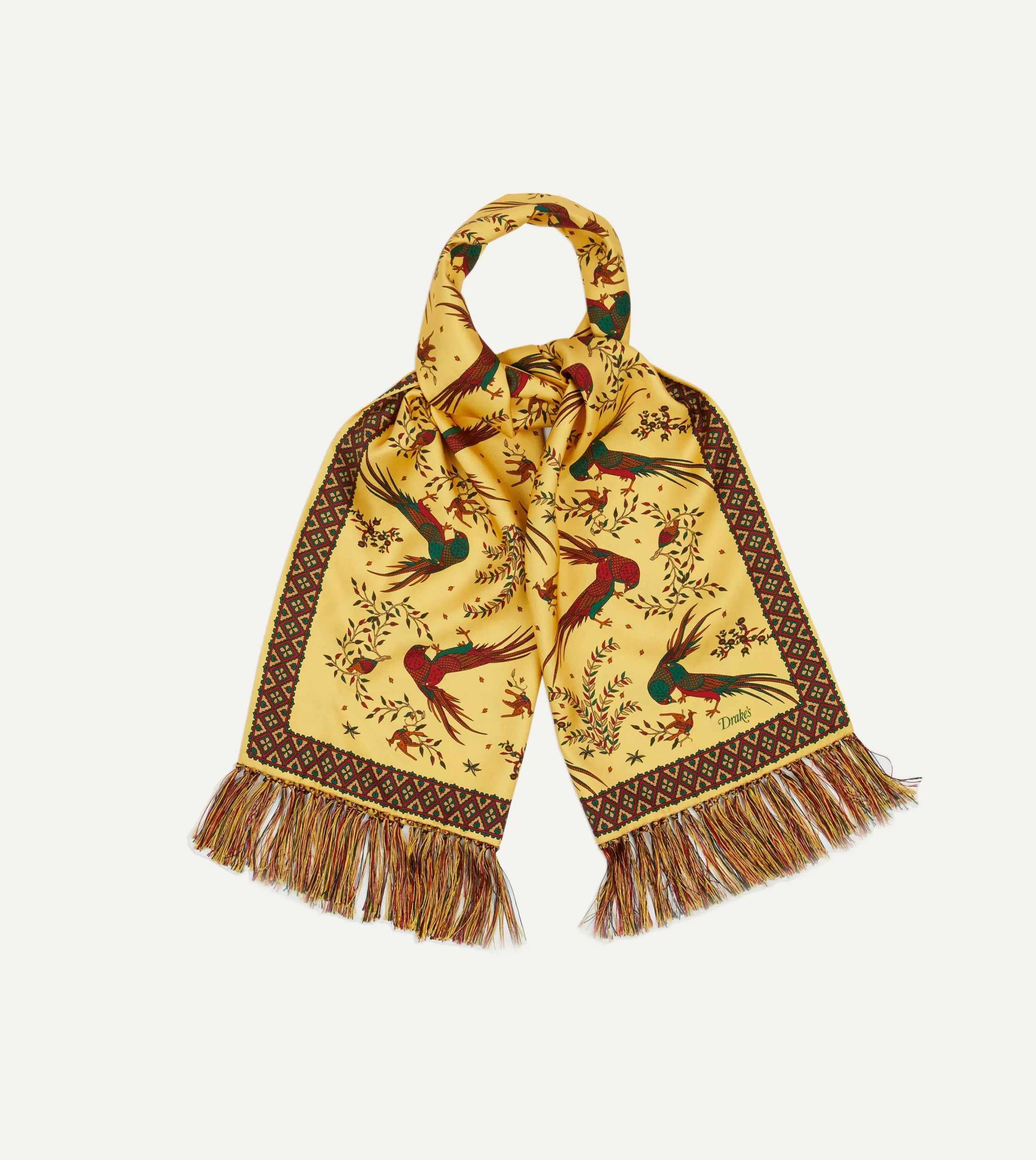 Drake’s Birds Of Paradise Print Tubular Silk Tasselled Scarf