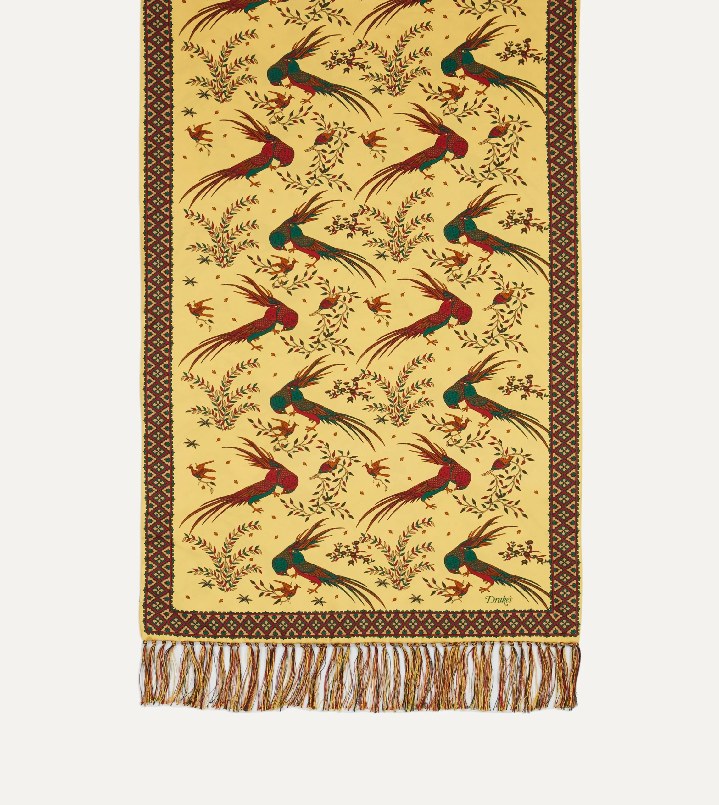 Drake’s Birds Of Paradise Print Tubular Silk Tasselled Scarf