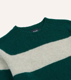 Drake’s Green And Ecru Stripe Brushed Shetland Crew Neck Jumper