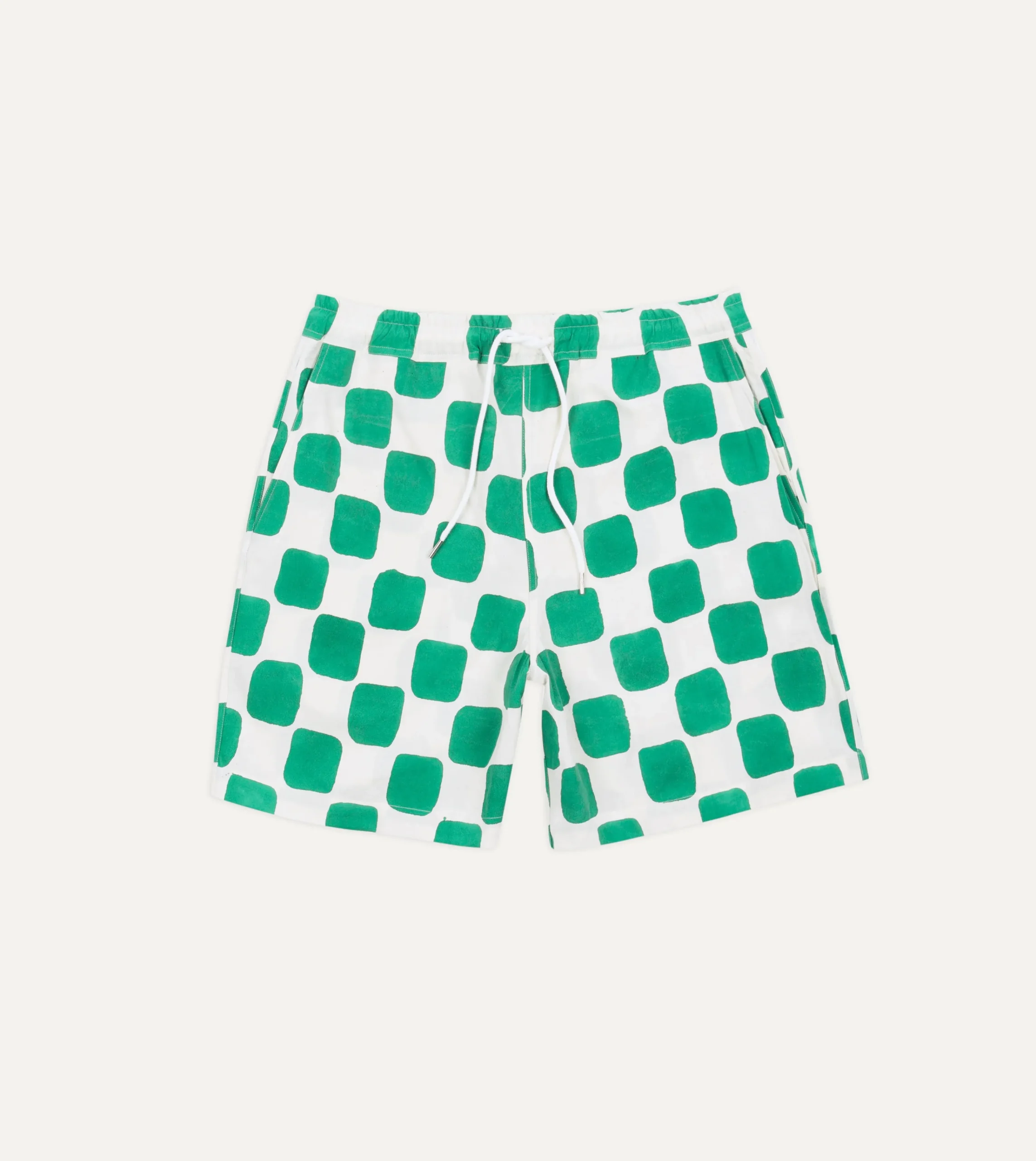 Drake’s Green Chequerboard Block Print Cotton Drawstring Shorts