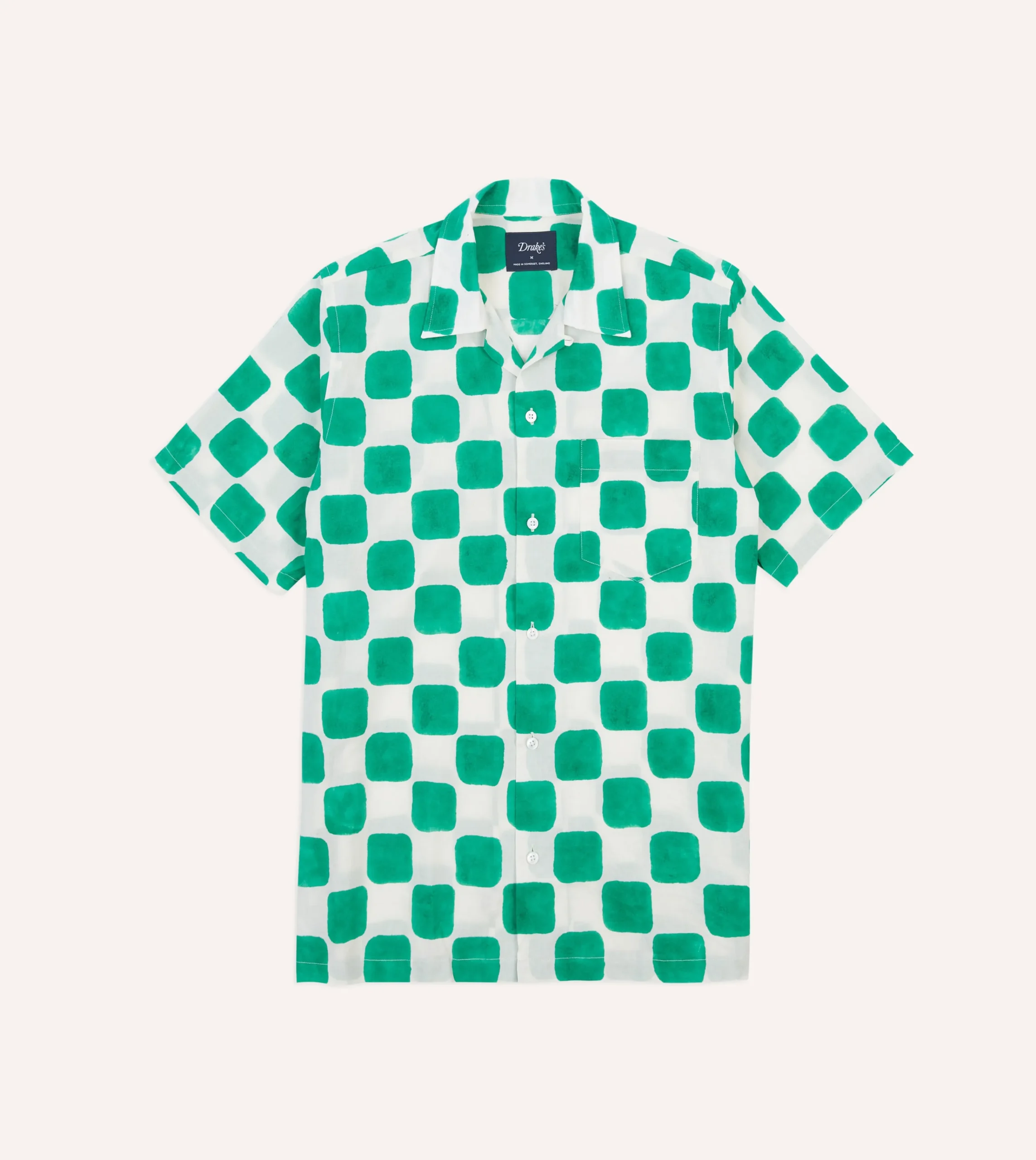 Drake’s Green Chequerboard Block Print Cotton Camp Collar Short Sleeve Shirt