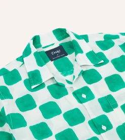 Drake’s Green Chequerboard Block Print Cotton Camp Collar Short Sleeve Shirt