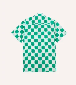 Drake’s Green Chequerboard Block Print Cotton Camp Collar Short Sleeve Shirt