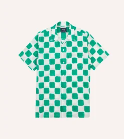 Drake’s Green Chequerboard Block Print Cotton Camp Collar Short Sleeve Shirt