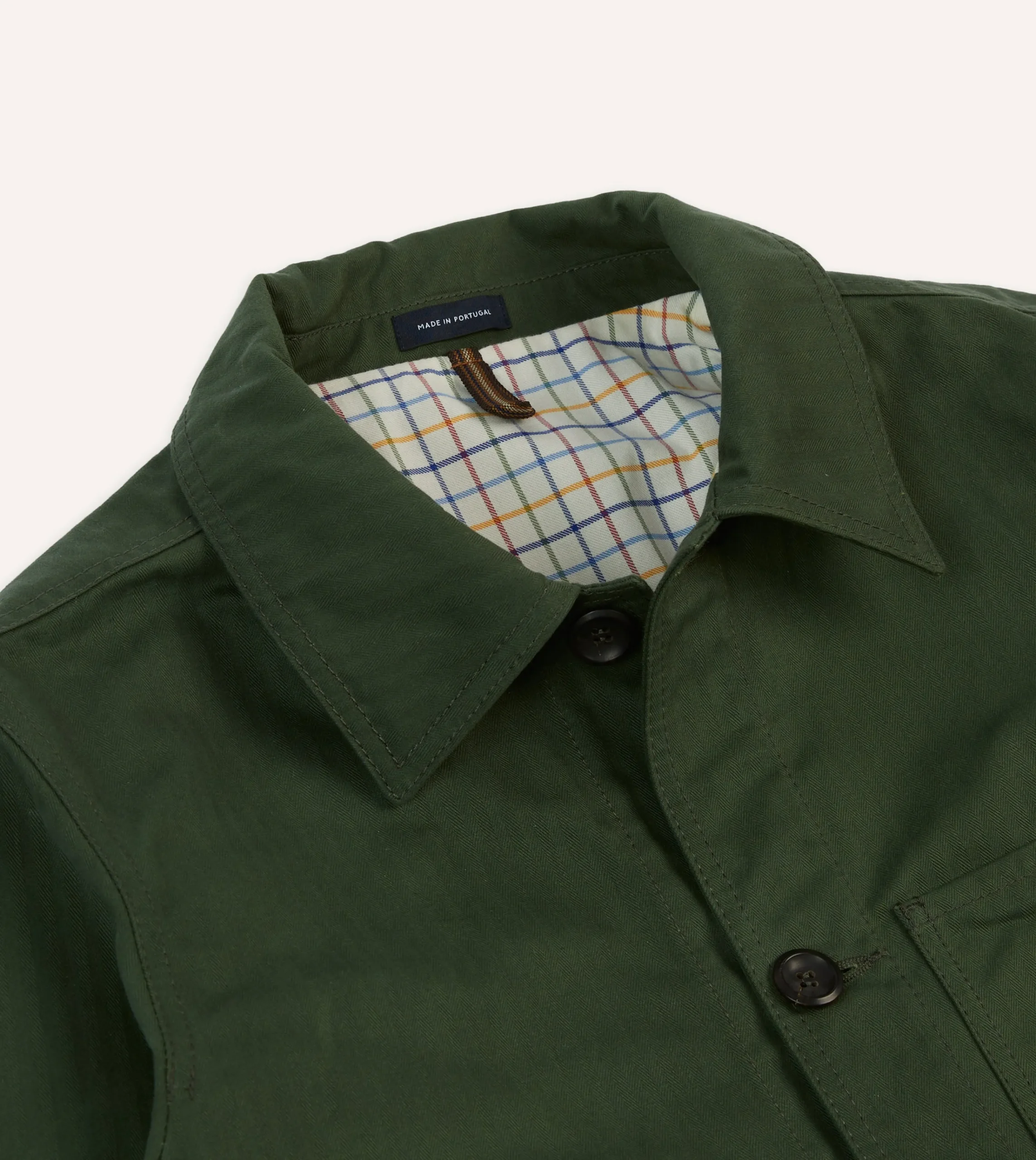 Drake’s Green Herringbone Cotton Three-Pocket Chore Jacket