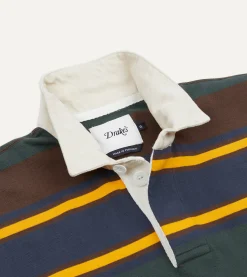 Drake’s Green, Navy And Gold Stripe Cotton Rugby Shirt