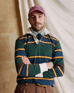 Drake’s Green, Navy And Gold Stripe Cotton Rugby Shirt
