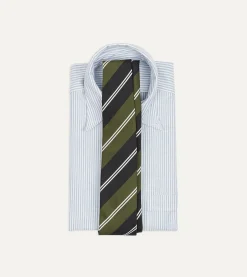 Drake’s Green, Navy And White Regimental Stripe Mogador Tipped Tie