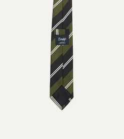 Drake’s Green, Navy And White Regimental Stripe Mogador Tipped Tie