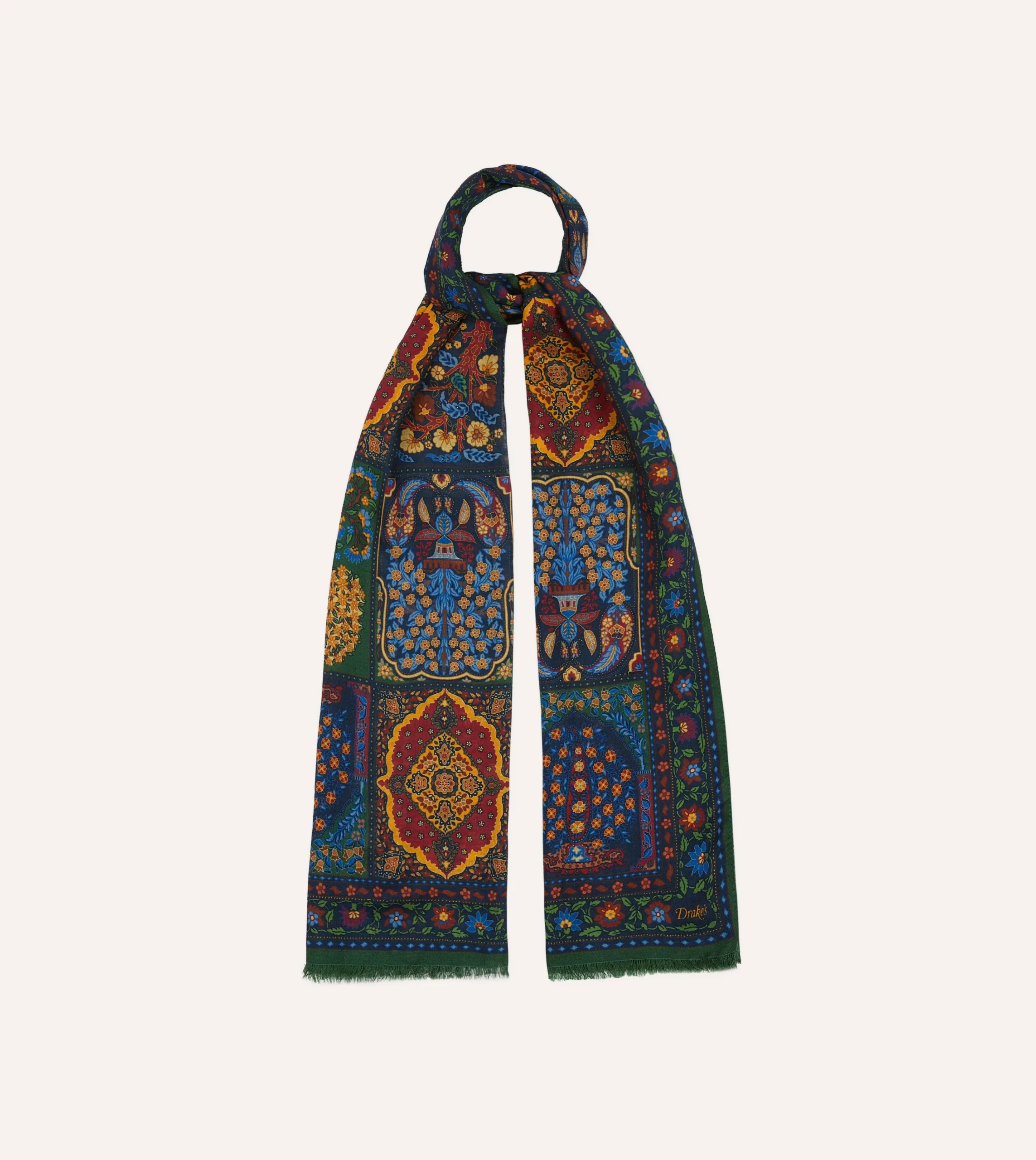 Drake’s Green Patchwork Wool-Silk Scarf