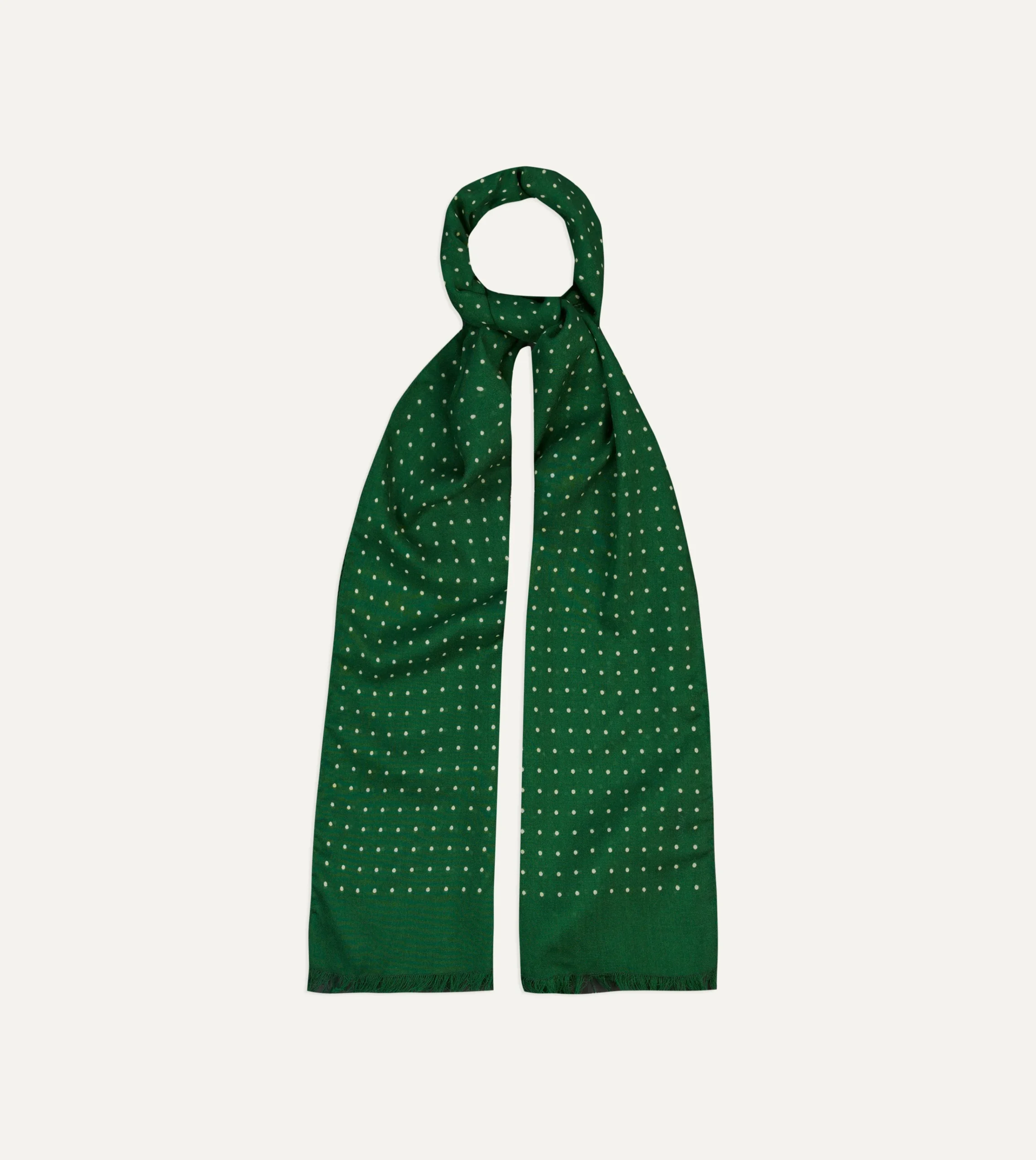 Drake’s Green Polka Dot Print Tubular Silk Tasselled Scarf