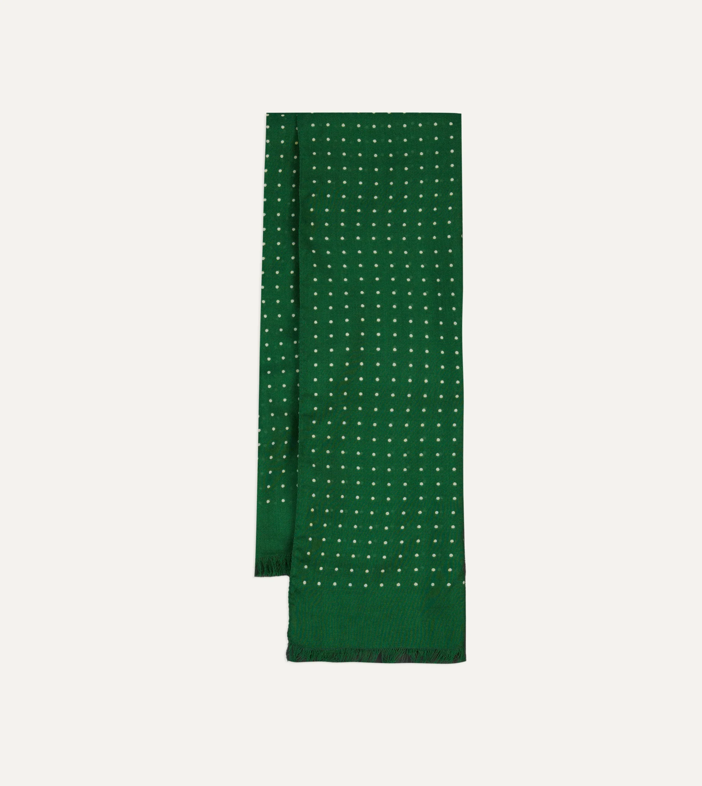 Drake’s Green Polka Dot Print Tubular Silk Tasselled Scarf