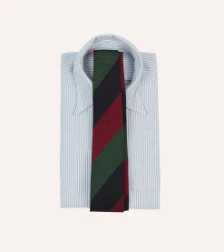 Drake’s Green, Red And Navy Wide Stripe Hand Rolled Silk Grenadine Tie