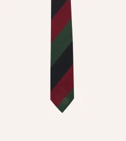 Drake’s Green, Red And Navy Wide Stripe Hand Rolled Silk Grenadine Tie