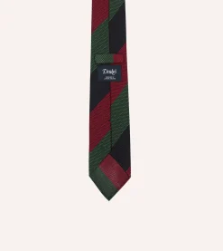 Drake’s Green, Red And Navy Wide Stripe Hand Rolled Silk Grenadine Tie