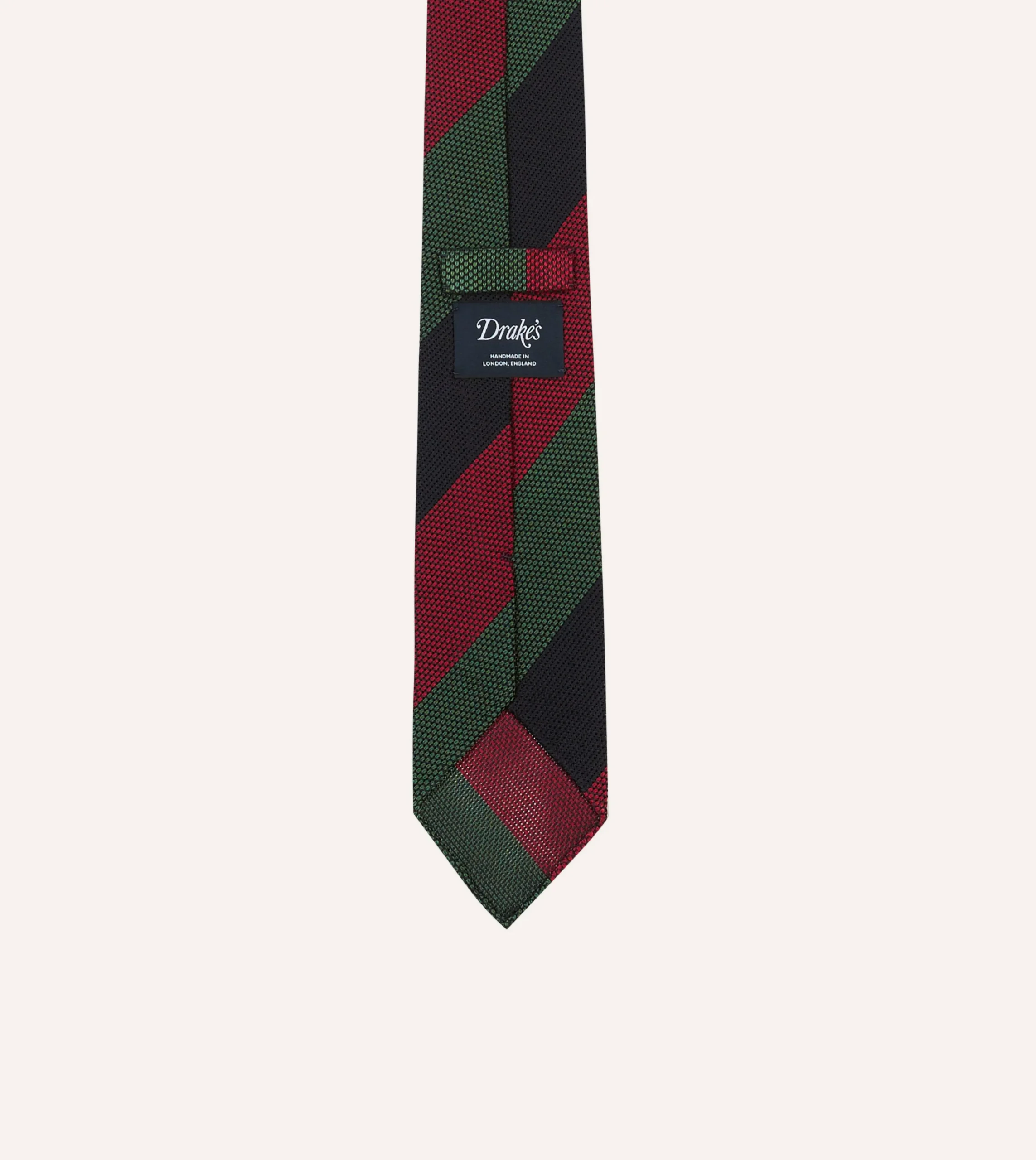 Drake’s Green, Red And Navy Wide Stripe Hand Rolled Silk Grenadine Tie