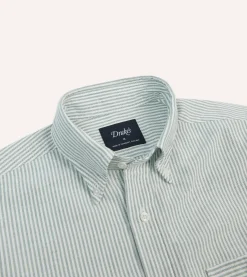 Drake’s Green Ticking Stripe Cotton Oxford Cloth Pocket Button-Down Shirt