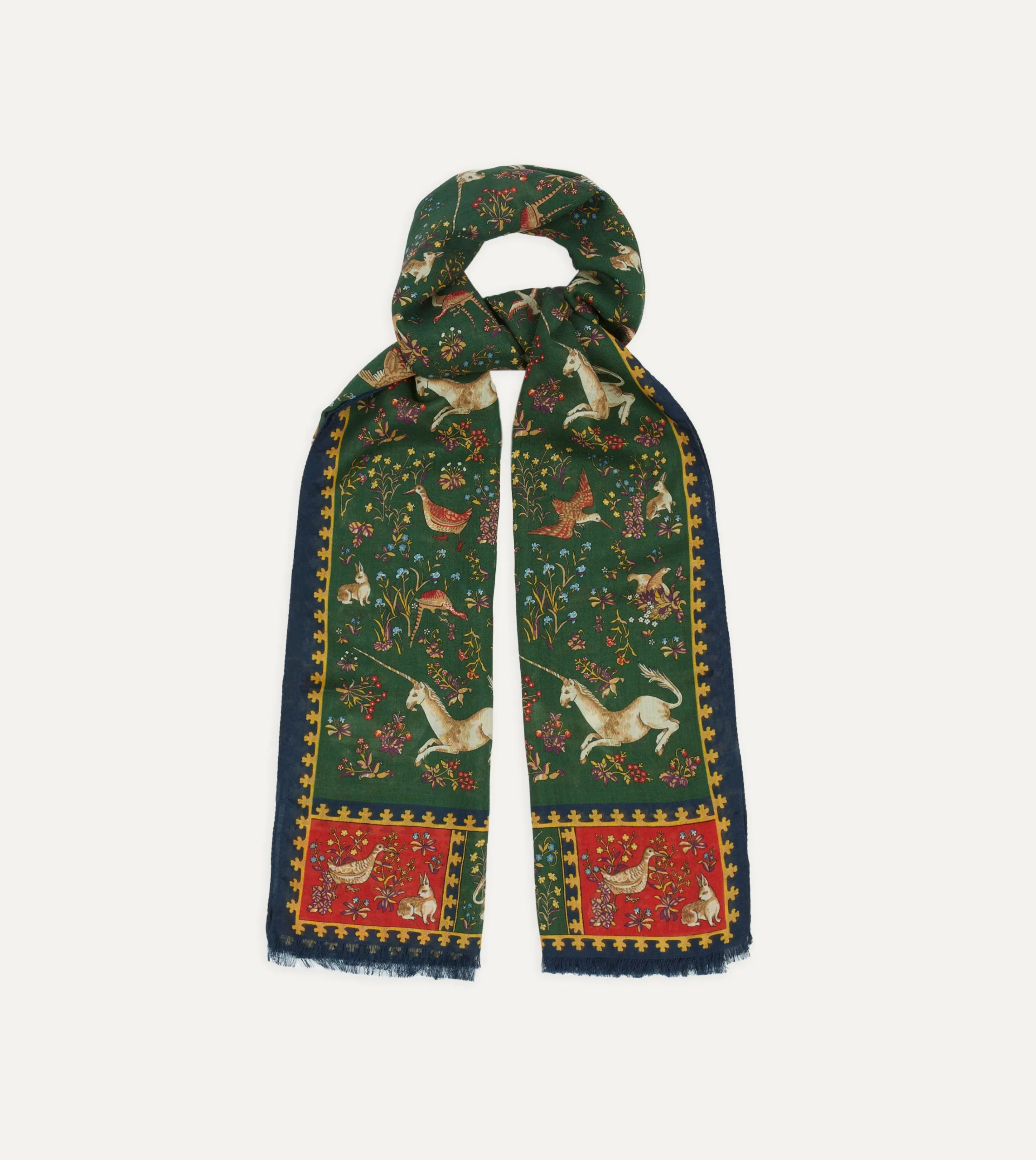 Drake’s Green Unicorn Print Wool-Silk Scarf