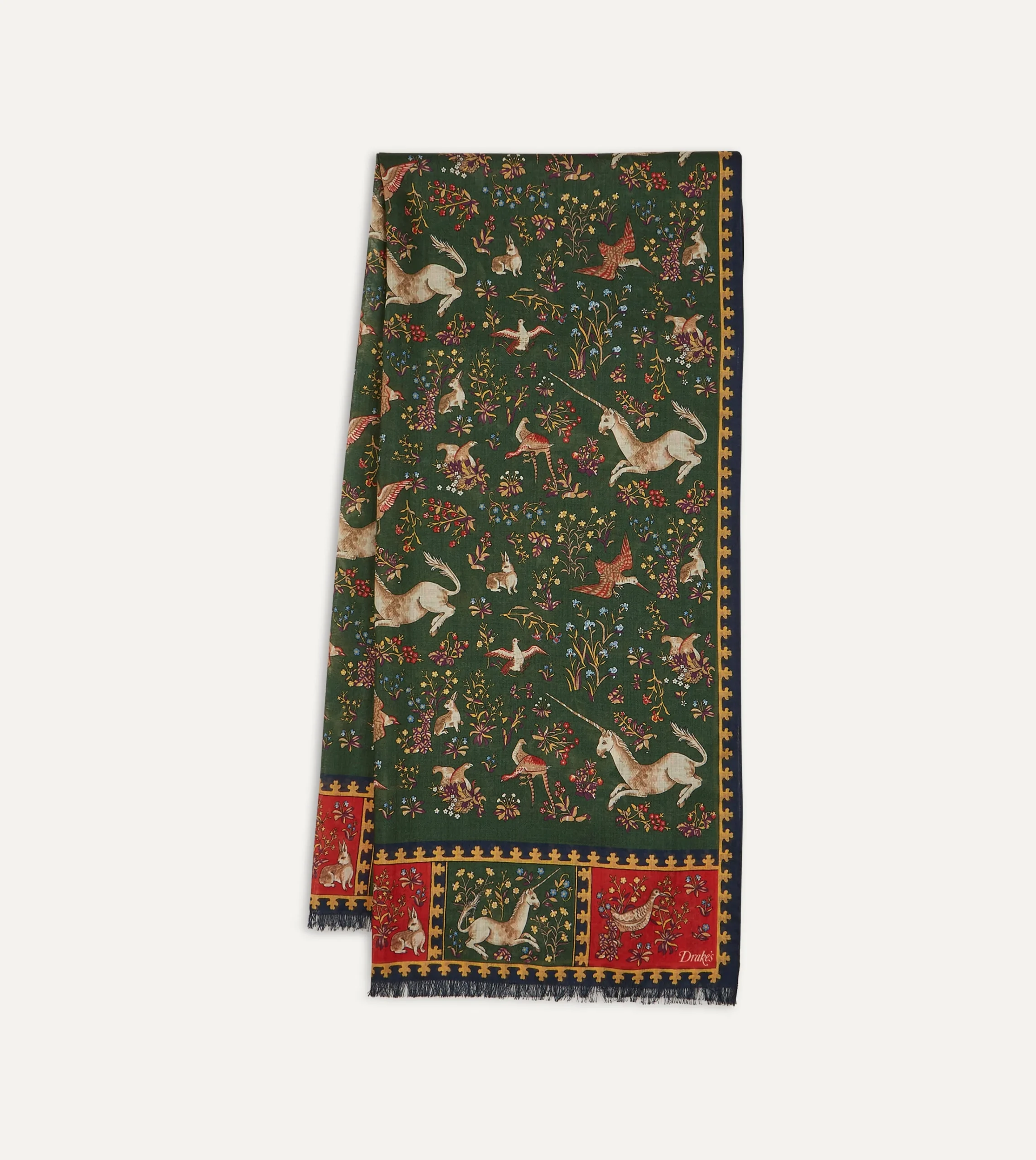 Drake’s Green Unicorn Print Wool-Silk Scarf