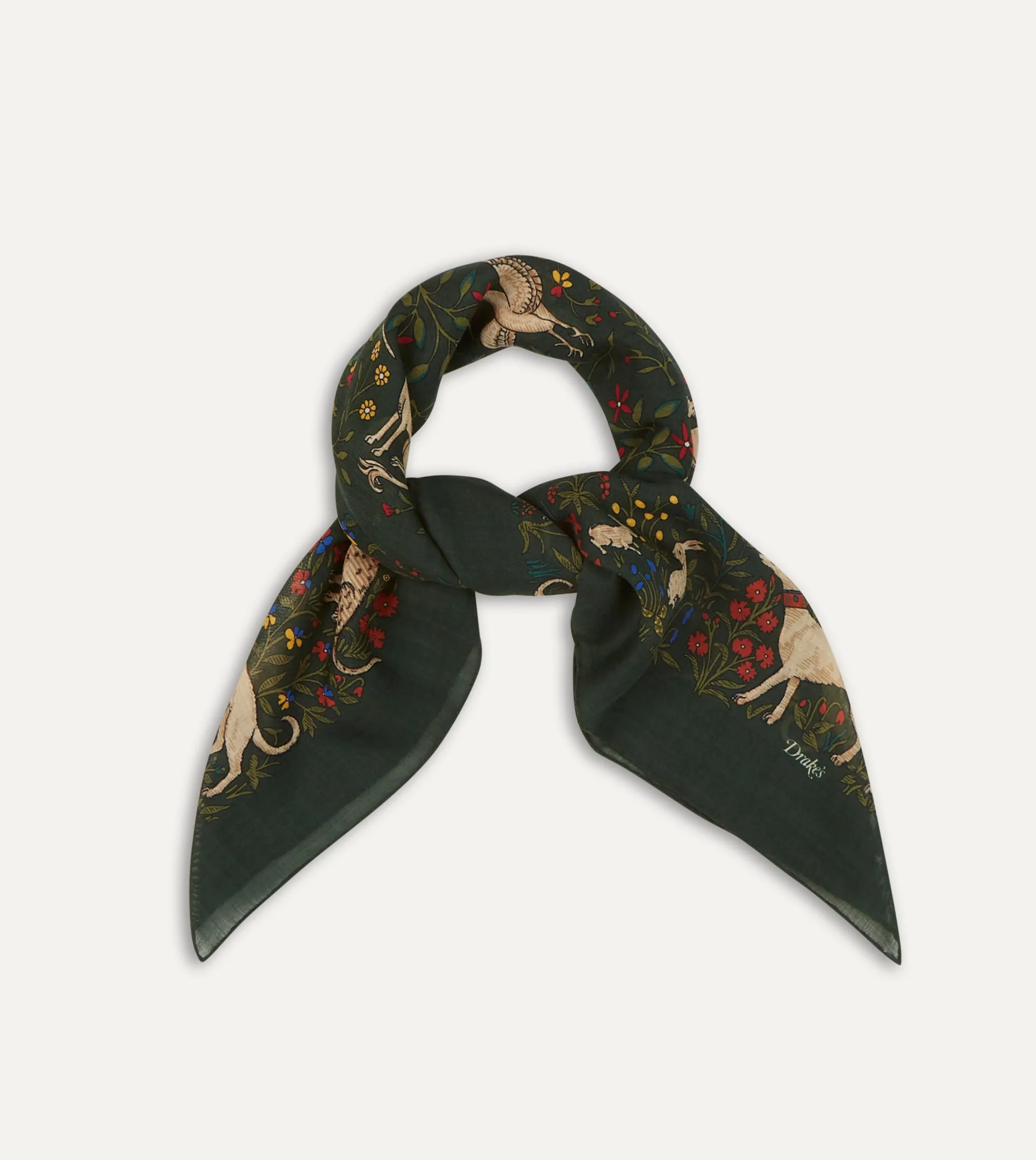 Drake’s Green Unicorn Print Wool-Silk Square Scarf