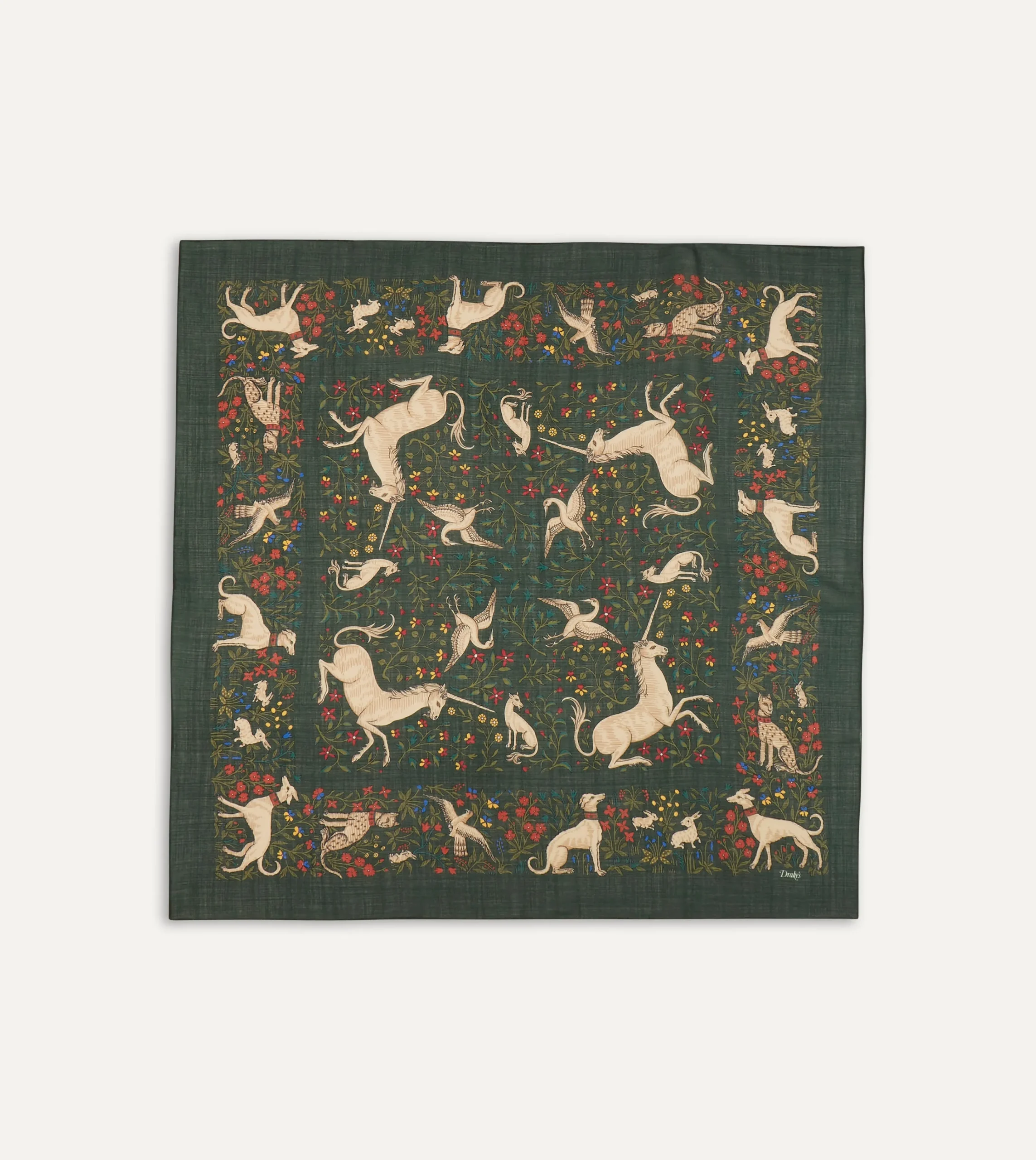 Drake’s Green Unicorn Print Wool-Silk Square Scarf