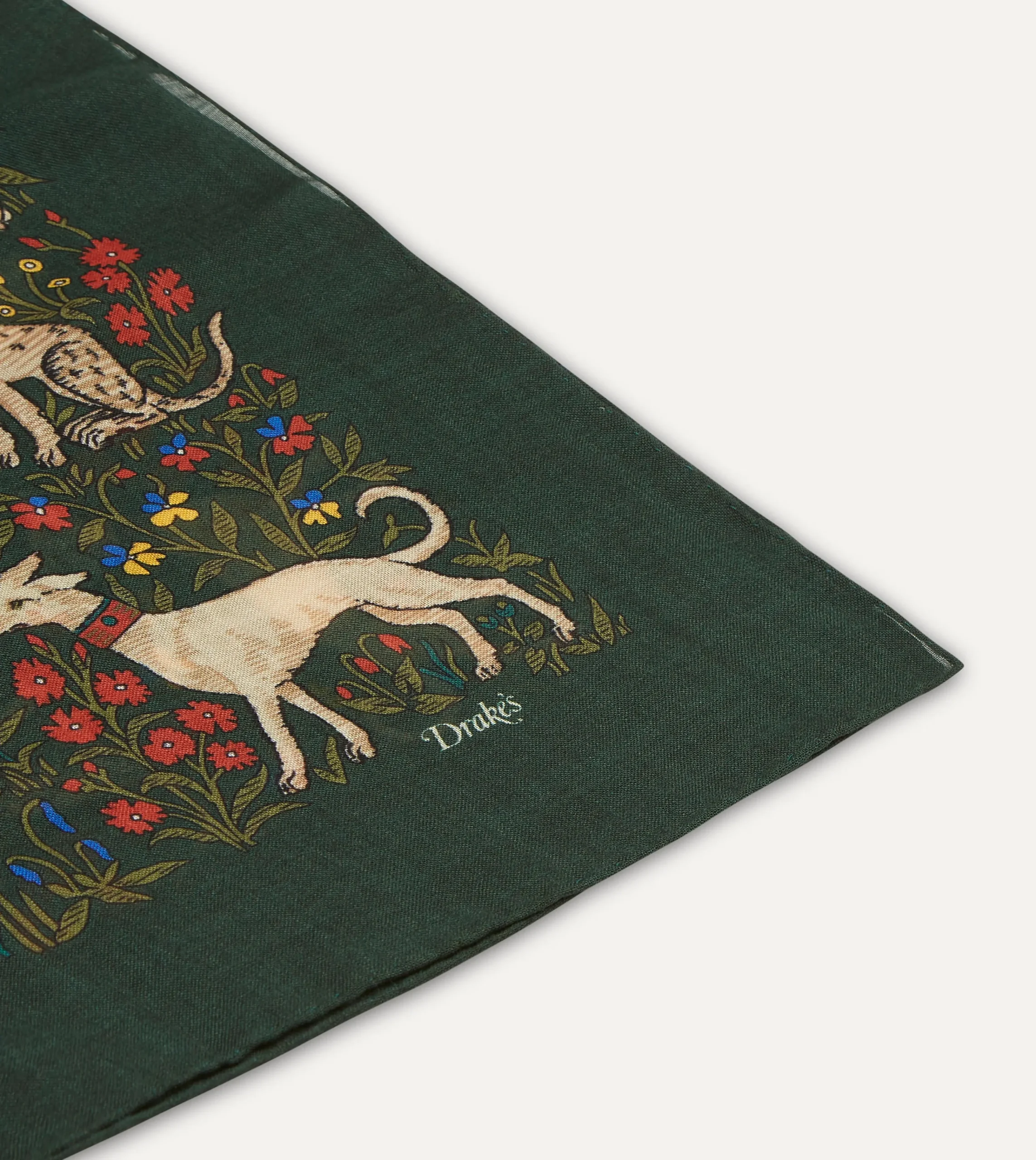 Drake’s Green Unicorn Print Wool-Silk Square Scarf