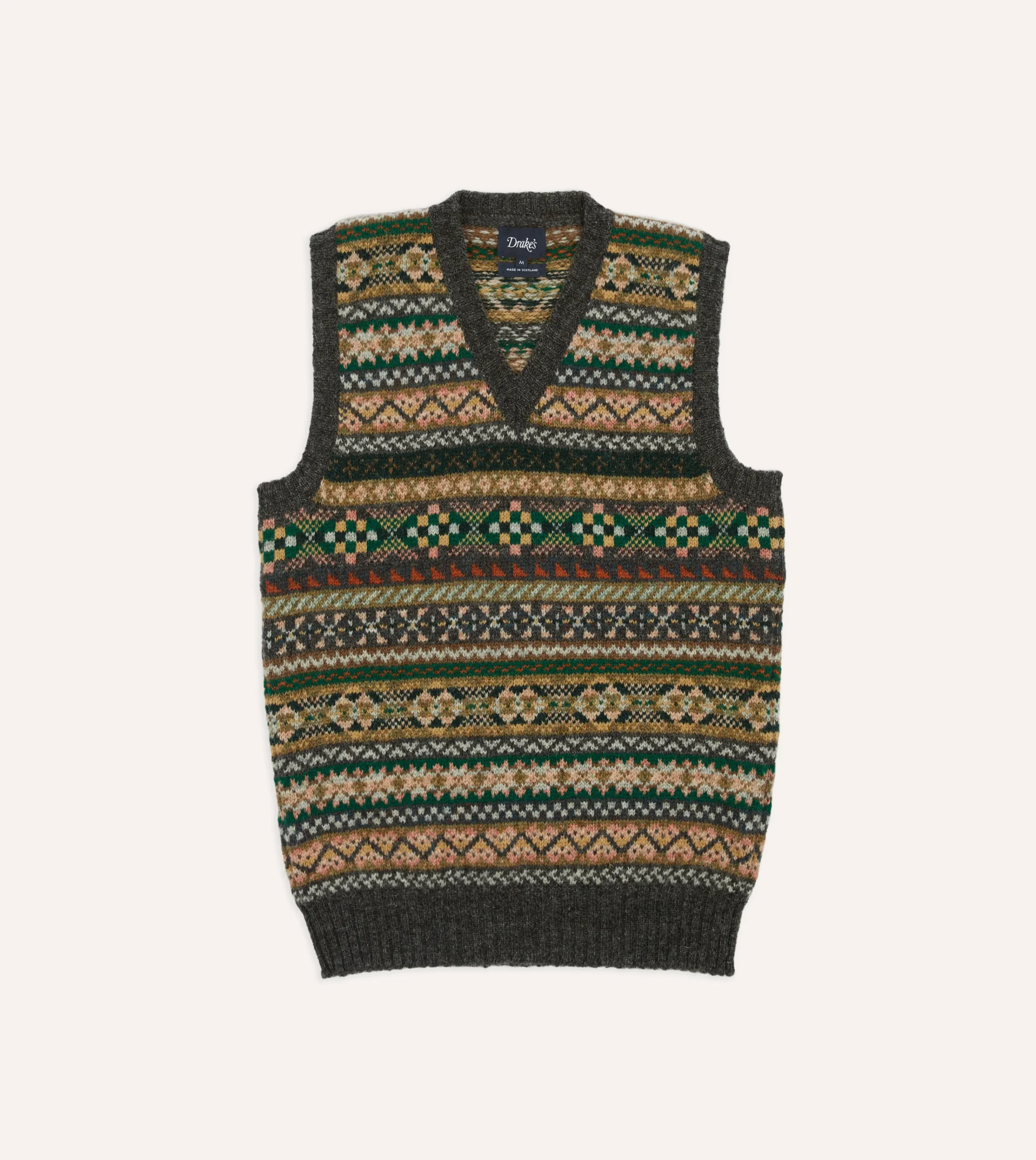 Drake’s Grey Fair Isle Lambswool Sleeveless V-Neck Jumper