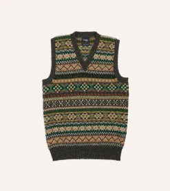 Drake’s Grey Fair Isle Lambswool Sleeveless V-Neck Jumper