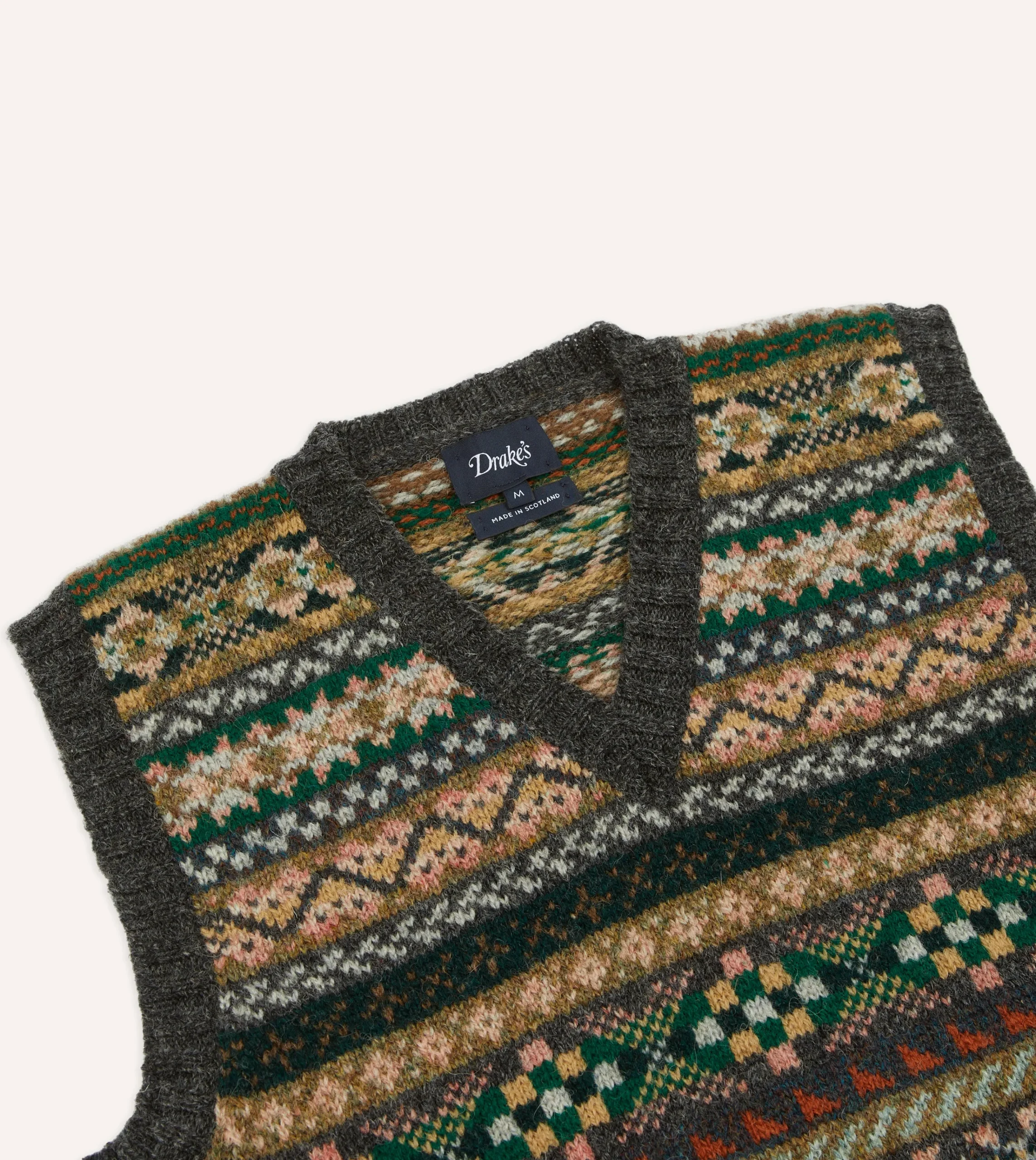 Drake’s Grey Fair Isle Lambswool Sleeveless V-Neck Jumper
