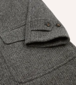 Drake’s Grey Herringbone Wool Raglan Coat