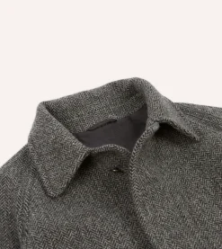Drake’s Grey Herringbone Wool Raglan Coat