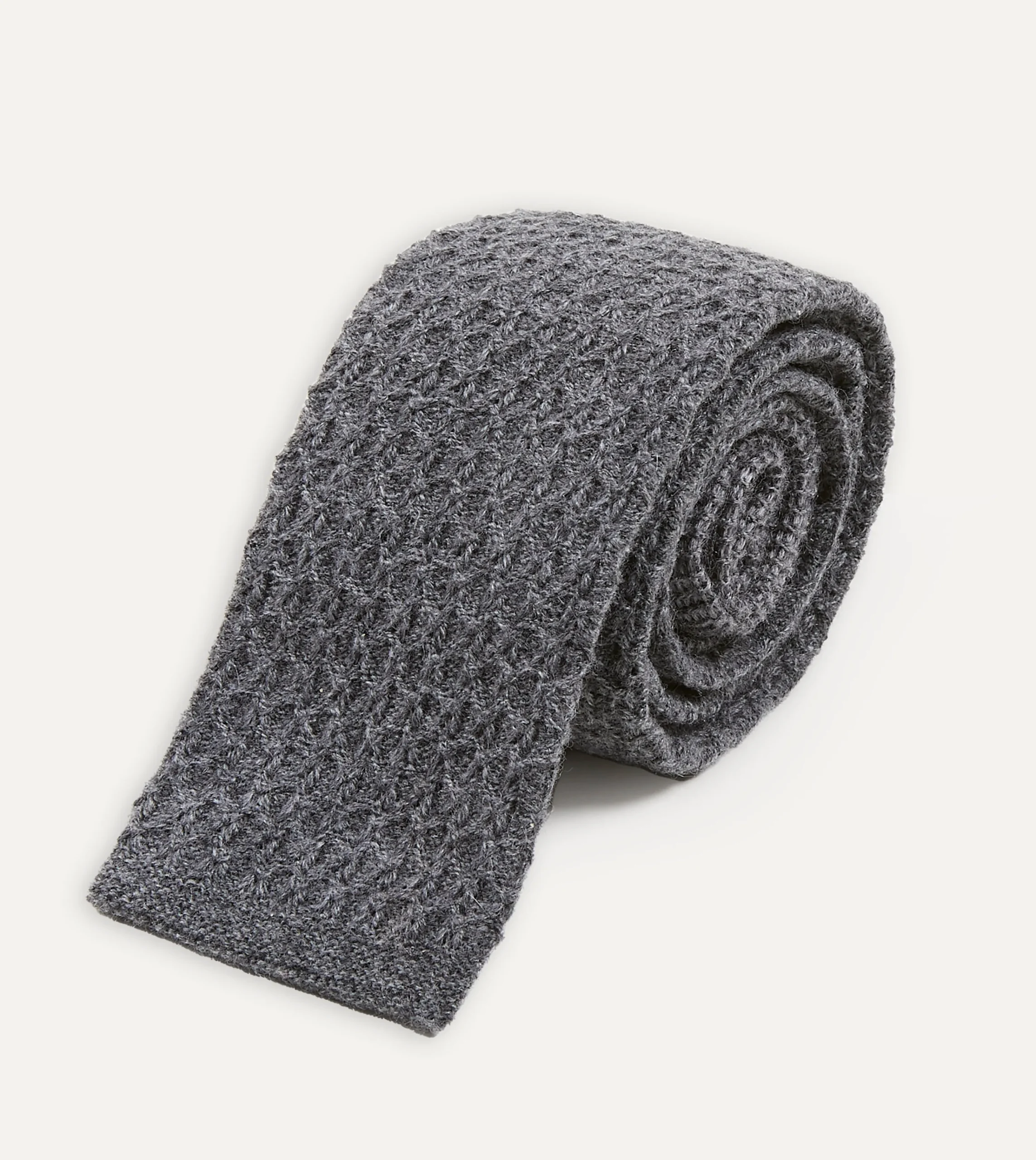 Drake’s Grey Knitted Cashmere Wool Solid Colour Tie