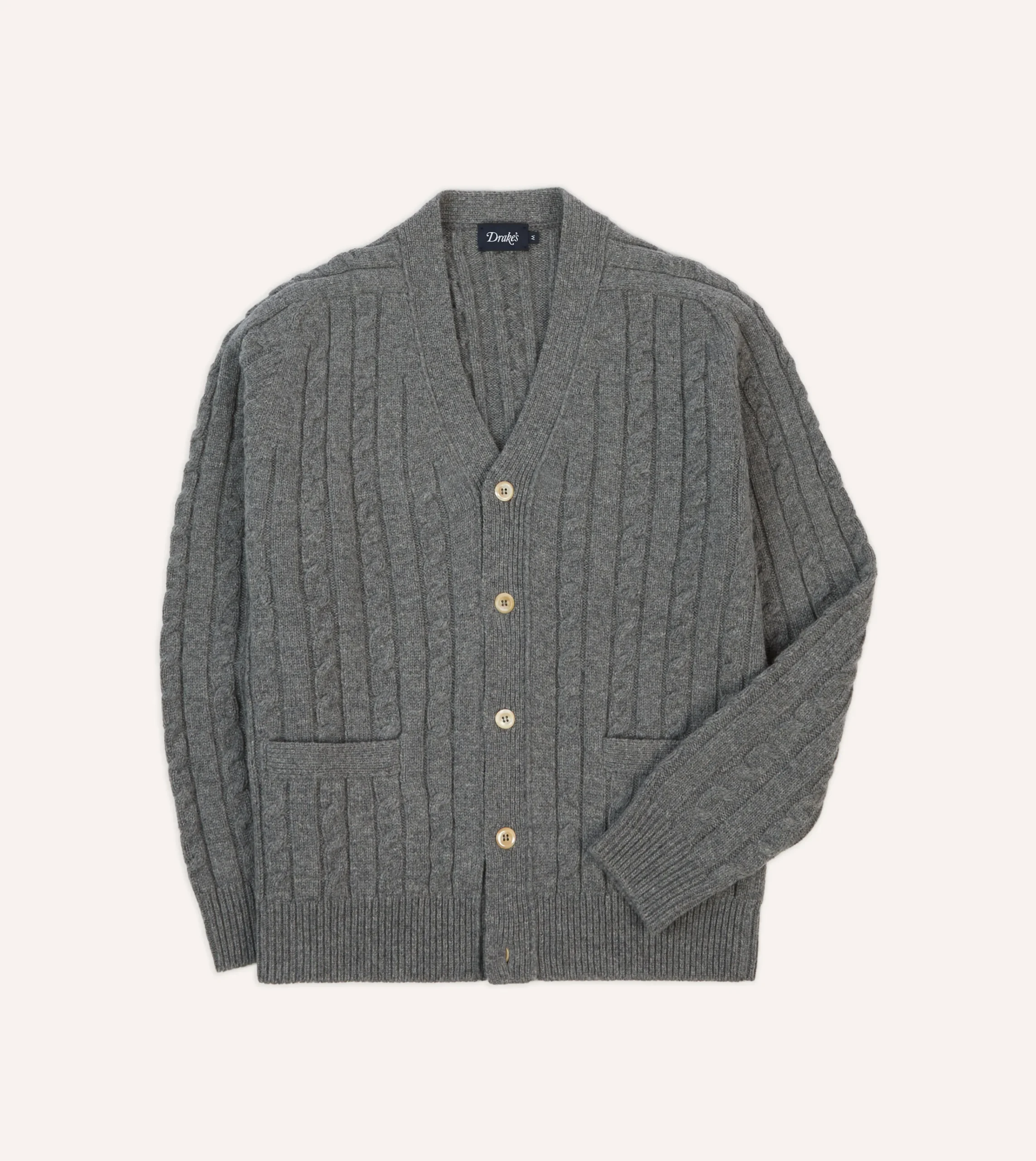 Drake’s Grey Lambswool 6 Button Cable Knit Cardigan