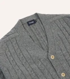 Drake’s Grey Lambswool 6 Button Cable Knit Cardigan