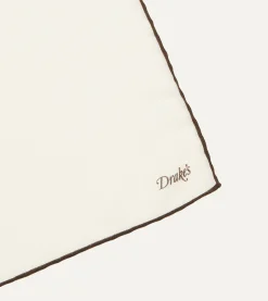 Drake’s Ivory And Brown Shoestring Border Silk Pocket Square