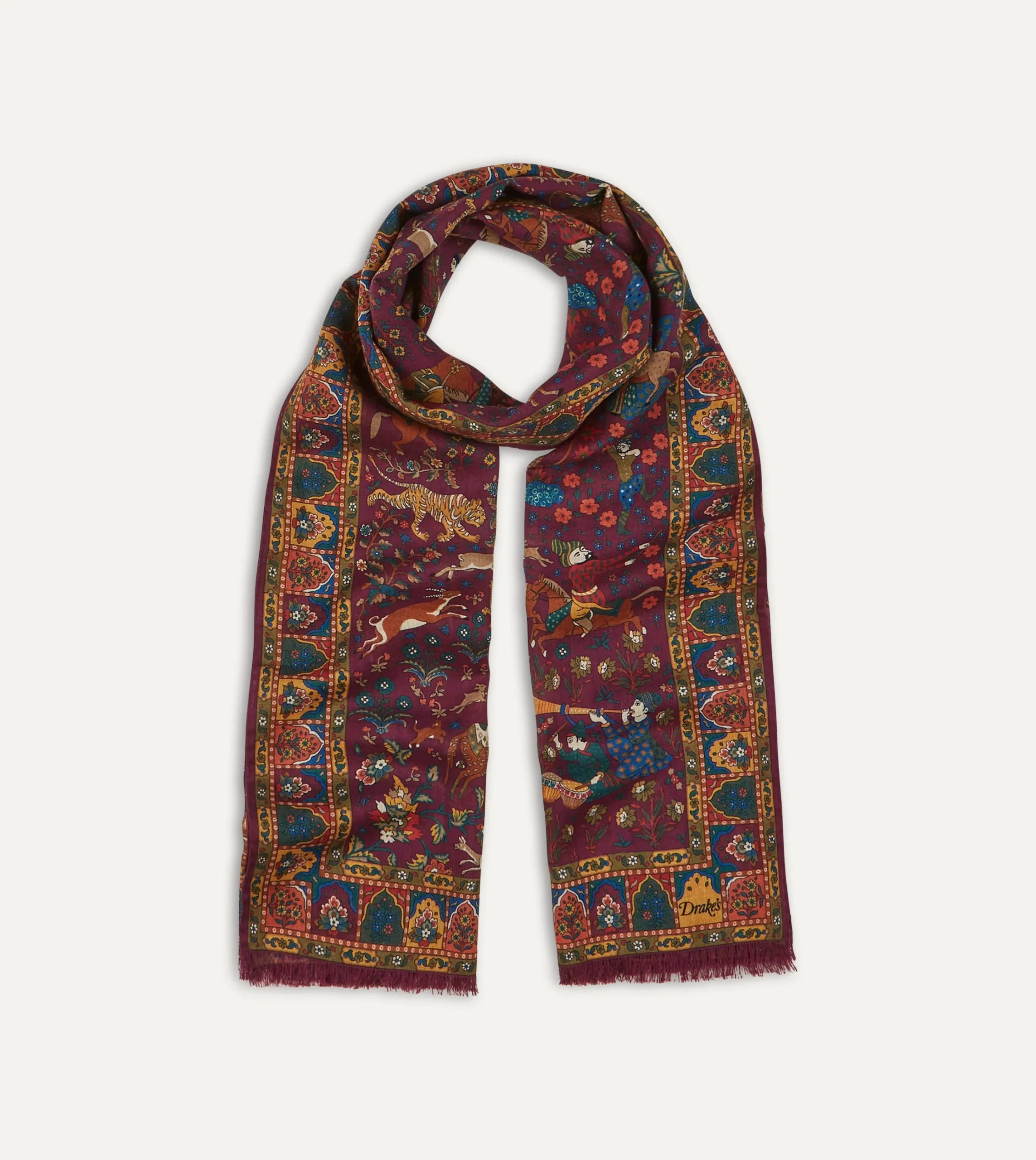 Drake’s Mughal Hunter Print Wool-Silk Scarf