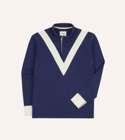 Drake’s Navy And Ecru Chevron Cotton Rugby Shirt