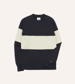 Drake’s Navy And Ecru Panel Stripe Heavy Cotton Crew Neck Hiking T-Shirt