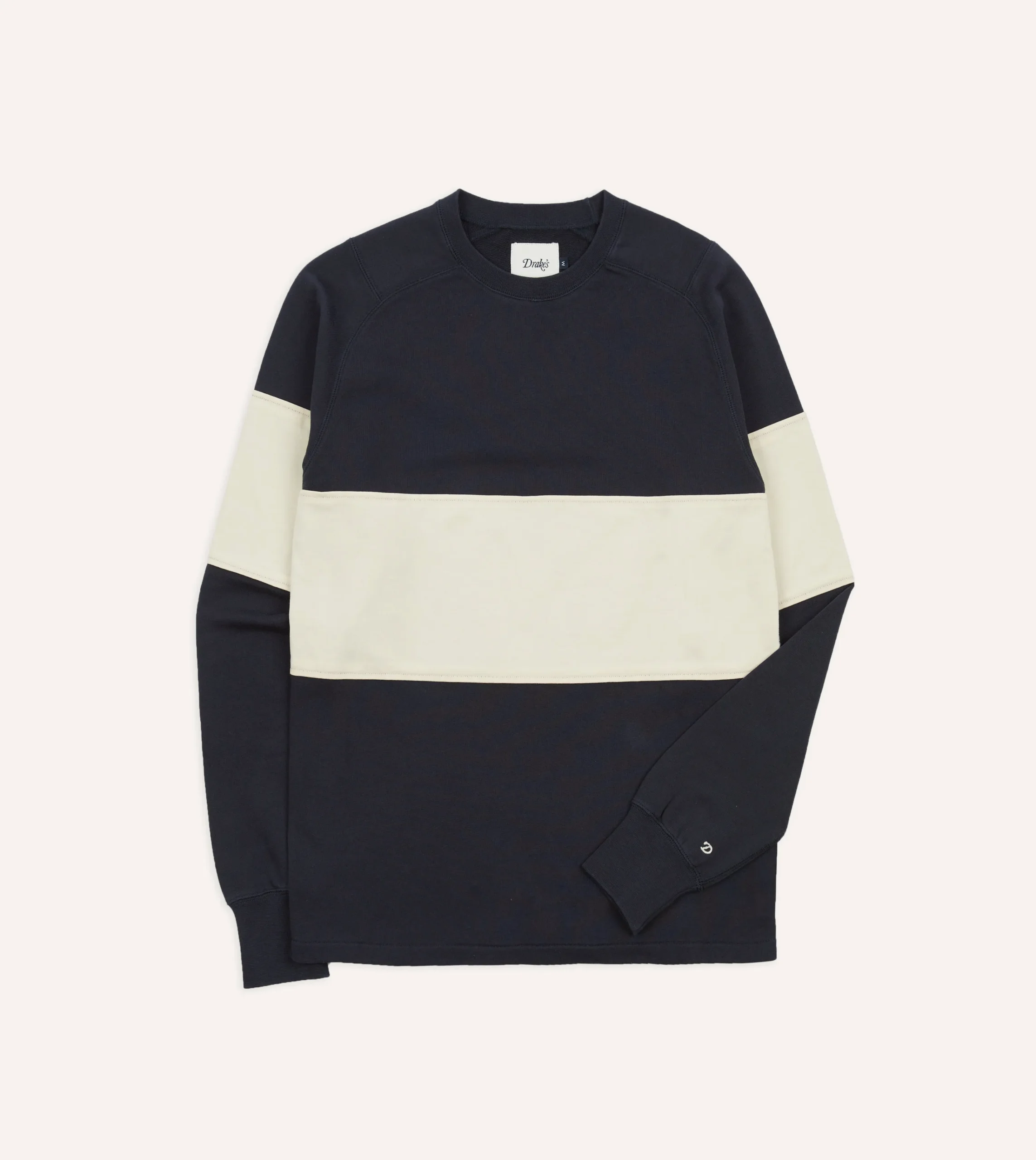 Drake’s Navy And Ecru Panel Stripe Heavy Cotton Crew Neck Hiking T-Shirt