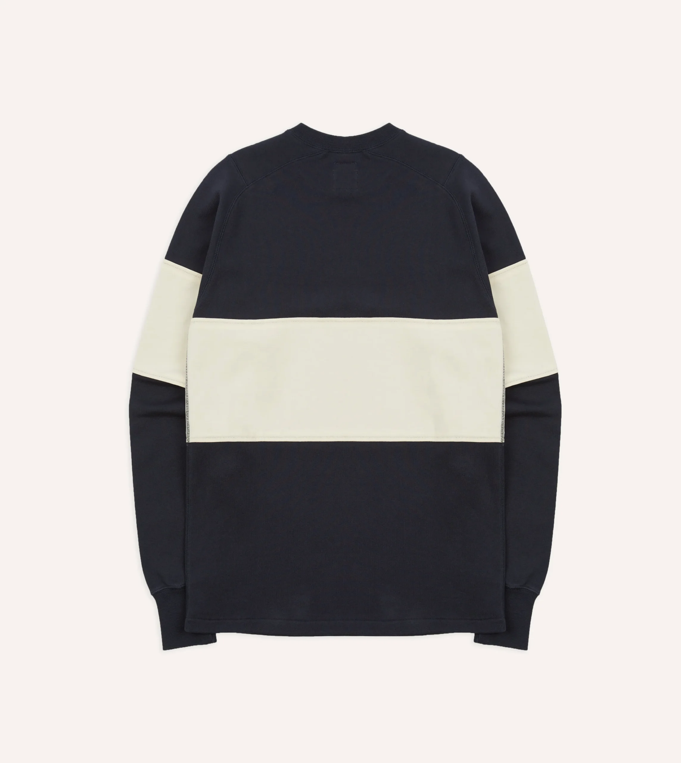 Drake’s Navy And Ecru Panel Stripe Heavy Cotton Crew Neck Hiking T-Shirt