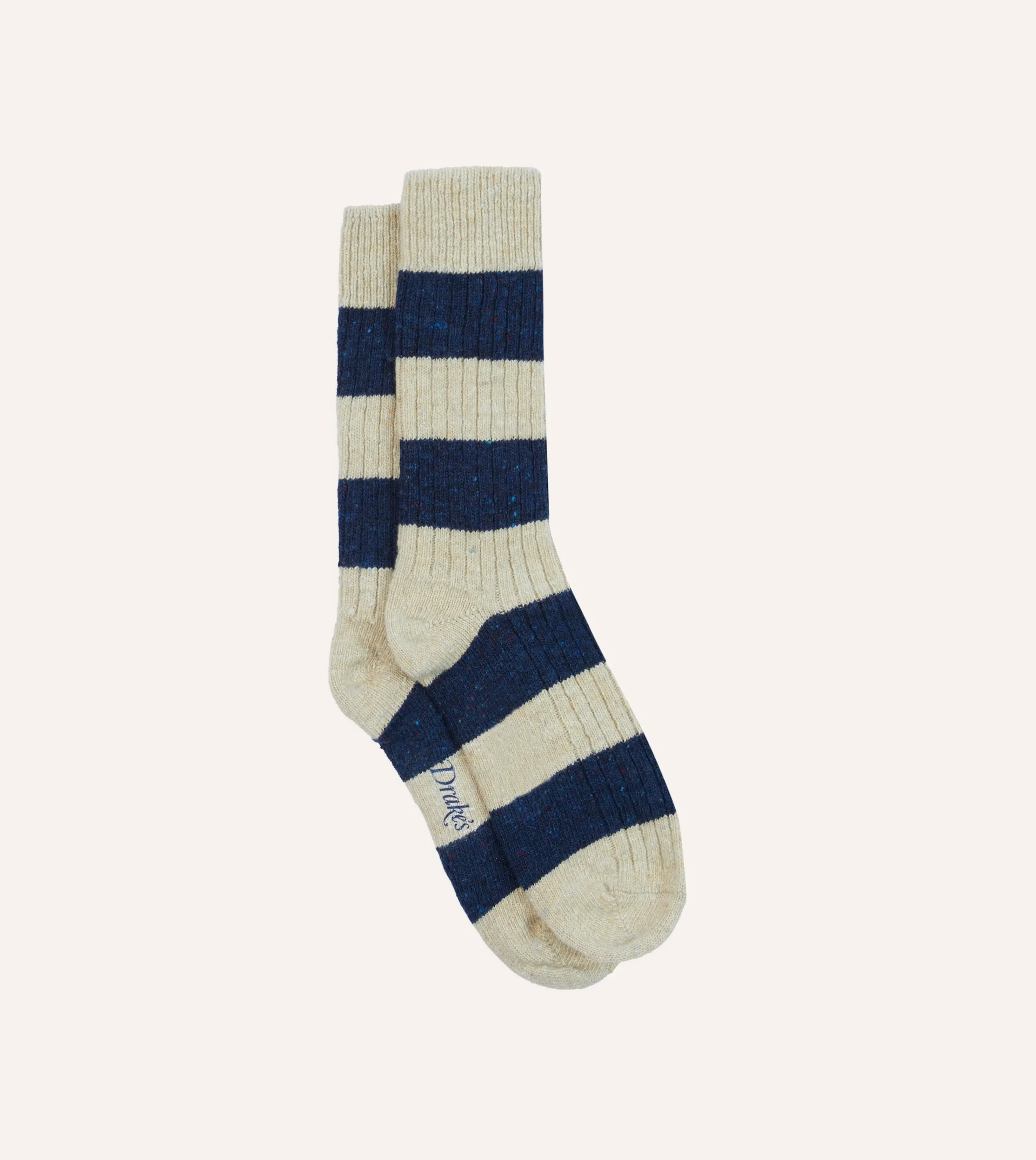 Drake’s Navy And Ecru Striped Donegal Wool Socks