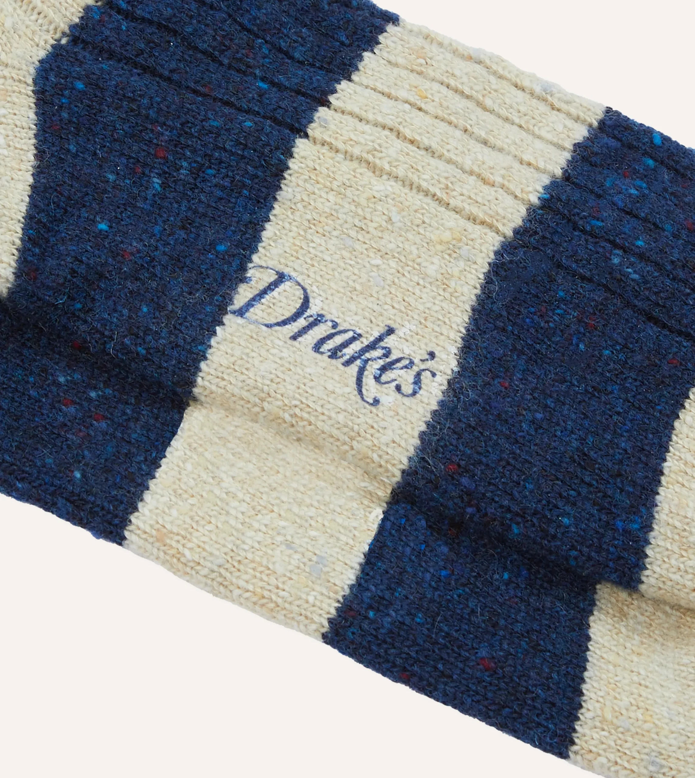 Drake’s Navy And Ecru Striped Donegal Wool Socks